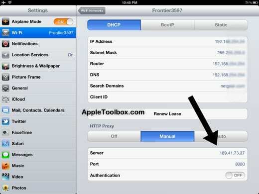 Configurações de proxy do iPad