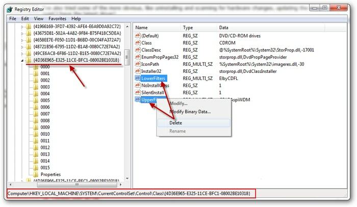 Vyberte UpperFilters & LowerFilters a potom Delete v Editore databázy Registry