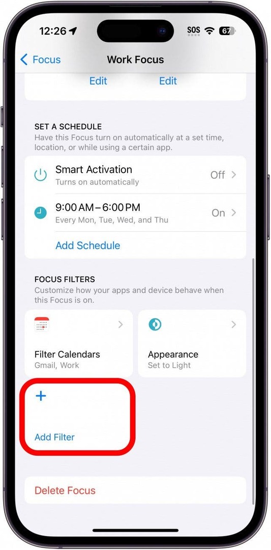iPhone-werkfocusinstellingen met de knop Filter toevoegen rood omcirkeld
