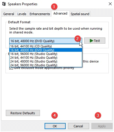 Lautsprechereigenschaften - Ändern Sie die Qualität