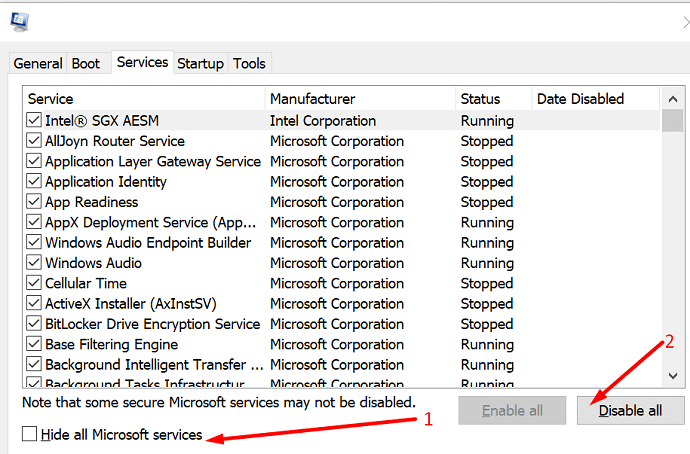 Skrij vse Microsoftove storitve