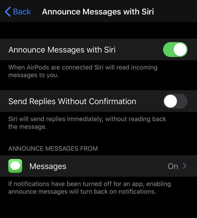 ρυθμίσεις για μηνύματα ανακοίνωσης με το Siri για AirPods σε iPhone iOS 13 και iPadOS