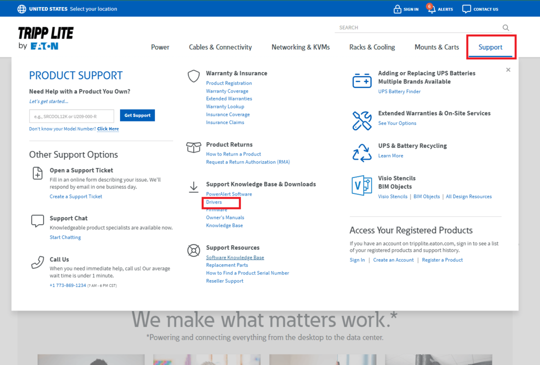 Site-ul oficial al Tripp Lite - Faceți clic pe Asistență și apoi pe driver
