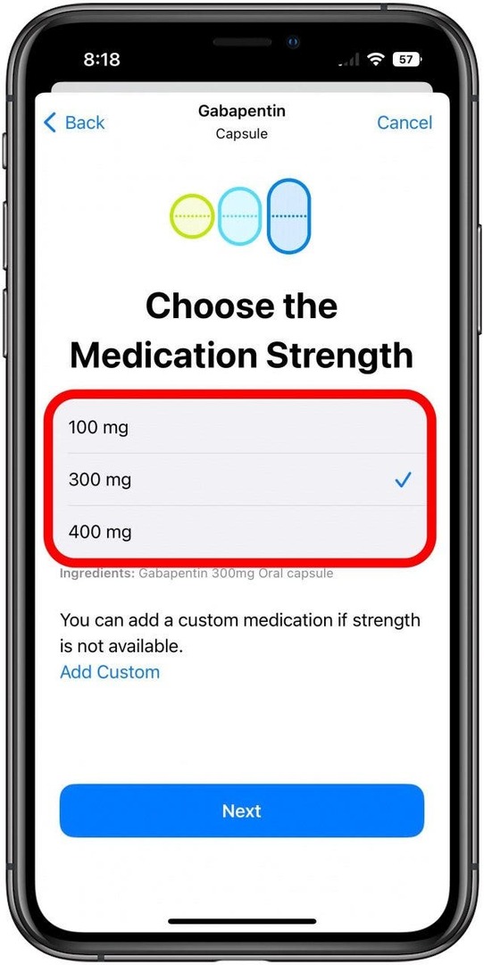 Aplikácia Zdravie na obrazovke nového lieku s označeným rámčekom na výber sily.