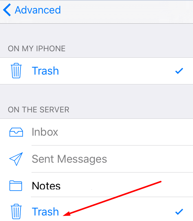 мусор почтовая папка сервер iphone