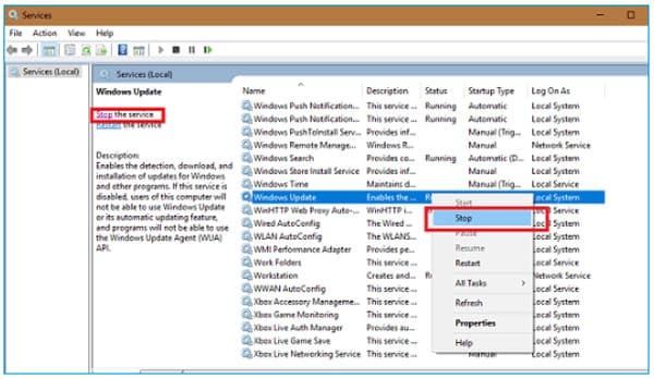 Кликните десно на Виндовс Упдате и изаберите Стоп