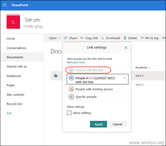 FIX: " Alle med lenken" delingsalternativet er nedtonet i SharePoint 