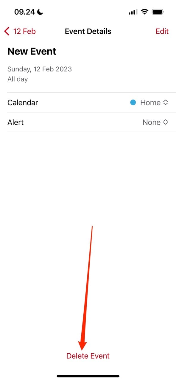 Στιγμιότυπο οθόνης που δείχνει πώς να διαγράψετε ένα συμβάν στο Ημερολόγιο της Apple στο iOS