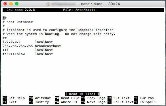 Файл хостів у редакторі Nano