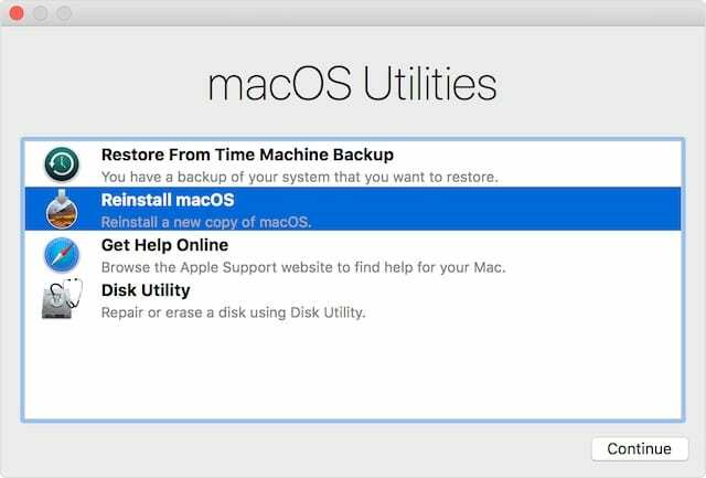 نافذة أدوات وضع الاسترداد في macOS