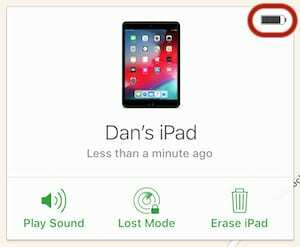 Zaslon s opcijama Find My iPad koji prikazuje razinu baterije izgubljenog uređaja.