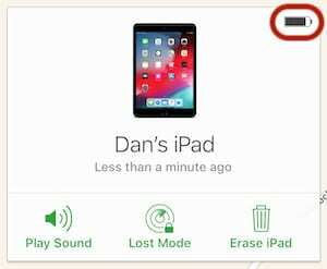 Ecranul de opțiuni Găsește iPad-ul meu care arată nivelul bateriei dispozitivului deplasat.