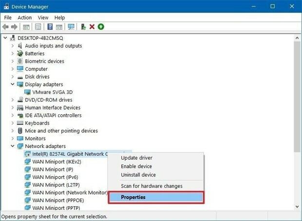 Innstilling for Device Manager Network Adapters