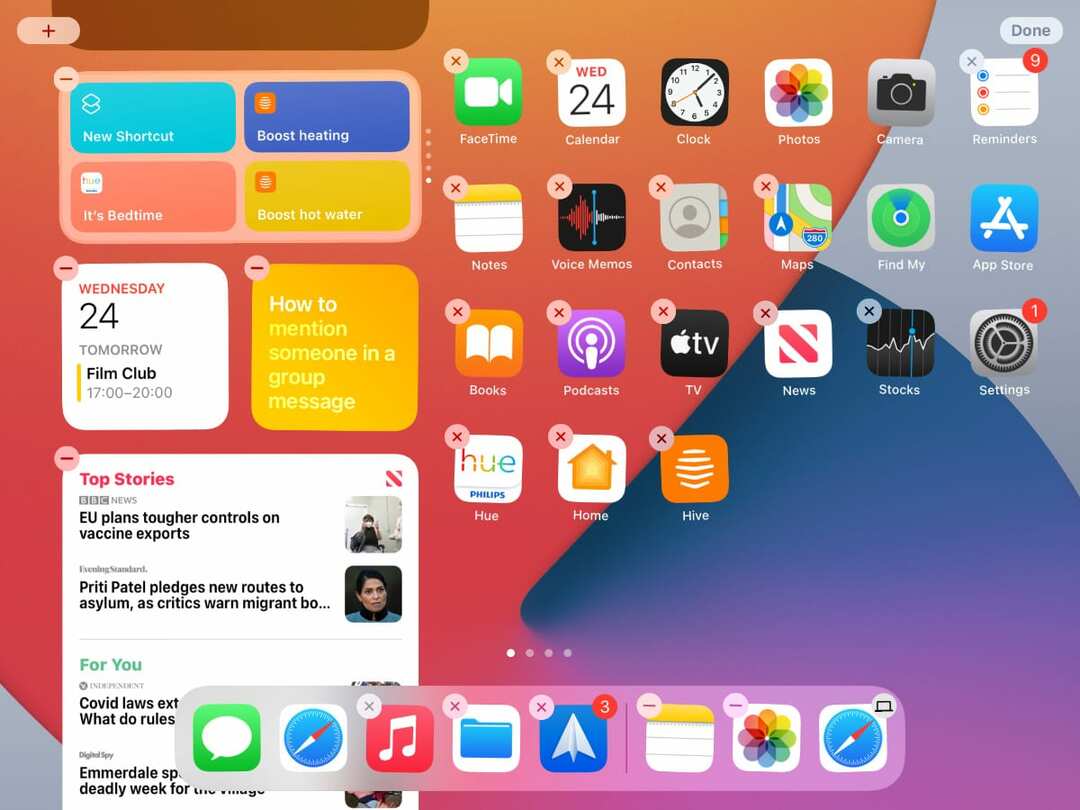 Widgeturi pentru ecranul de pornire al iPad-ului în modul Wiggle.