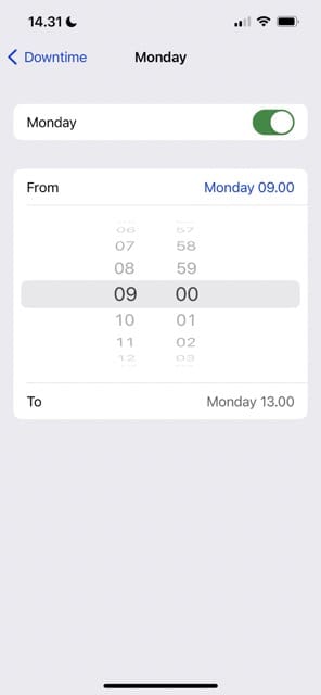 Bildschirmzeit-Screenshot der Zeiteinstellungen für die Ausfallzeit