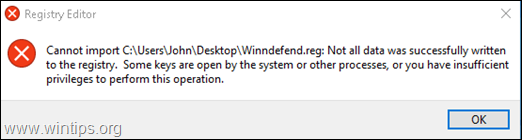 रजिस्ट्री में आयात नहीं कर सकता। रजिस्ट्री में सभी डेटा सफलतापूर्वक नहीं लिखा गया था 