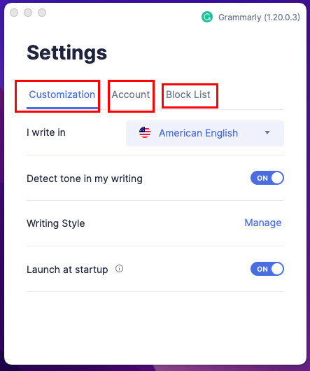 Posnetek zaslona za nastavitve Grammarly za Mac