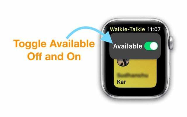 perjungti galima įjungti ir išjungti „Walkie Talkie“ programoje „Apple Watch“.