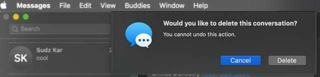 تنبثق رسالة تأكيد حذف تطبيق الرسائل في Mac