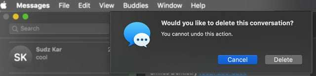 Mac Message App Vyskakovacie okno s potvrdením odstránenia
