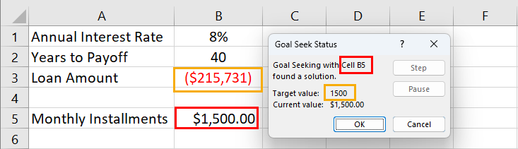 Impara a prevedere l'importo del prestito utilizzando Goal Seek