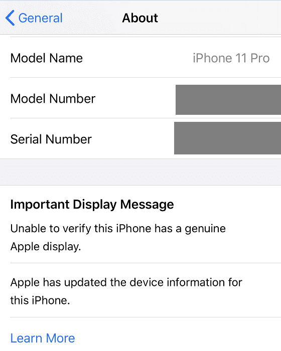 No se puede verificar que este iPhone tenga una pantalla original de Apple