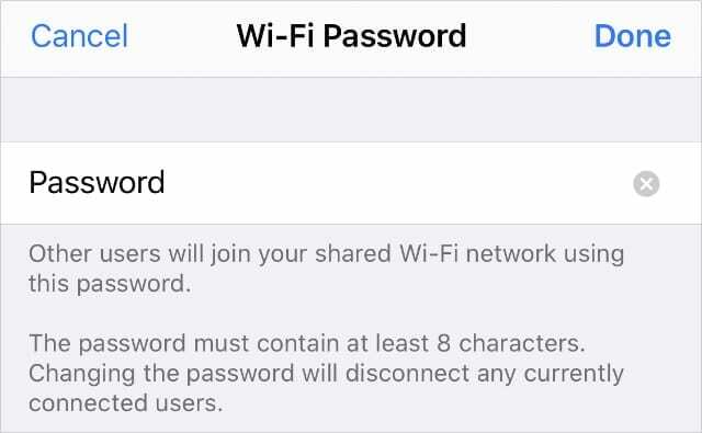Stránka hesla osobního hotspotu Wi-Fi