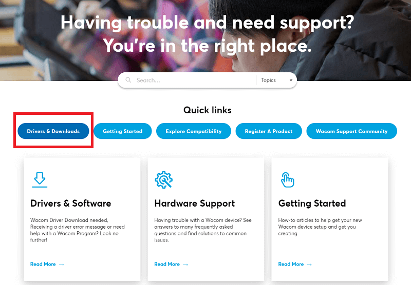 Clique em Driver e Downloads para obter o Wacom Table Driver