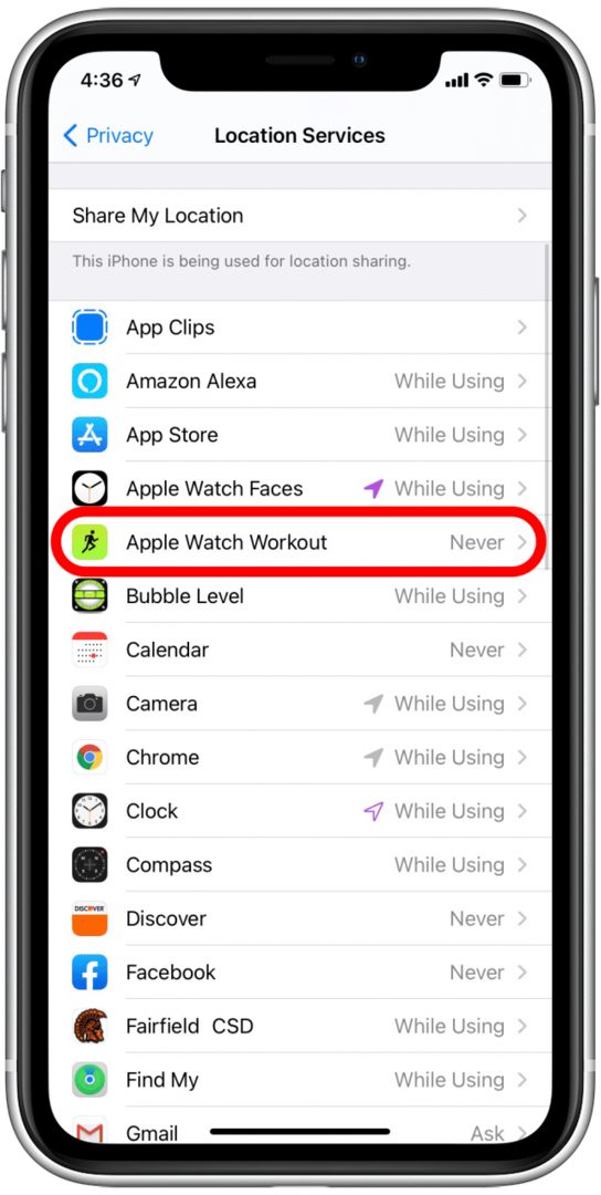 En la lista debajo del servicio de ubicación, toque Apple Watch Workout