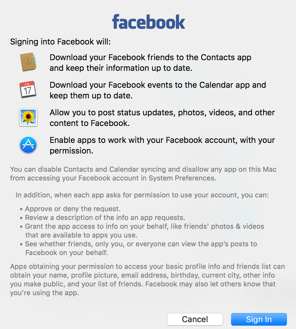 Mac. के लिए Facebook एकीकरण
