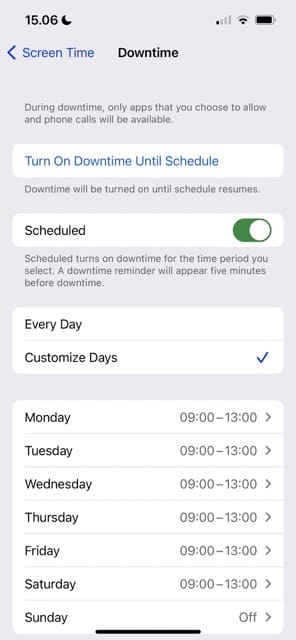 התאמה אישית של צילום מסך של זמן השבתה של iOS