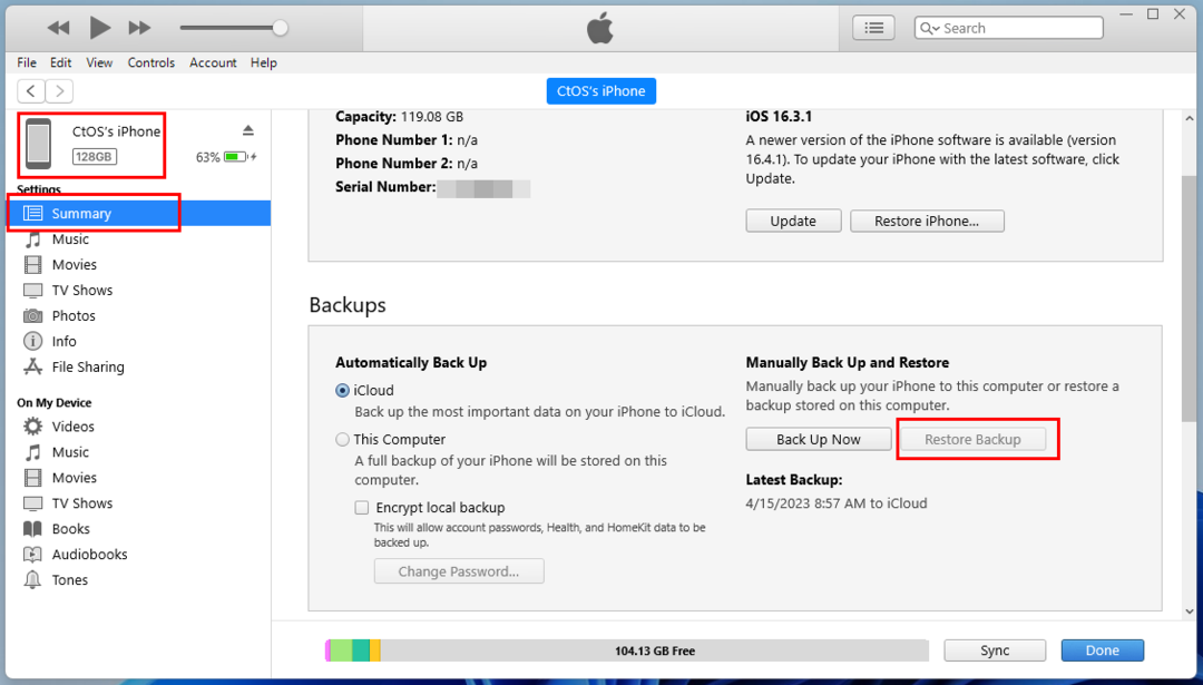 שחזר גיבוי באייפון מ- iTunes Windows 11