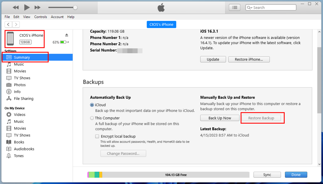 Restaurar backup no iPhone do iTunes Windows 11