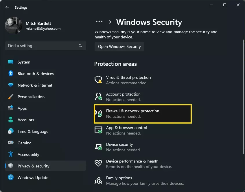 Επιλογή τείχους προστασίας και προστασίας δικτύου των Windows 11