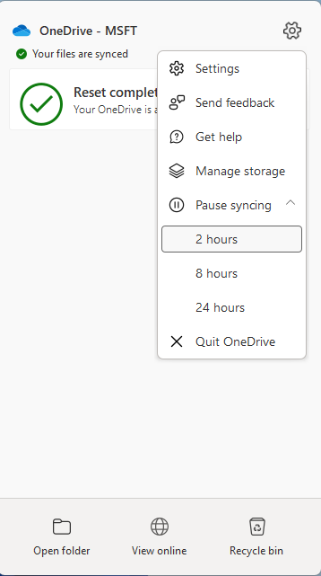 A OneDrive szüneteltetése a rendszertálcáról