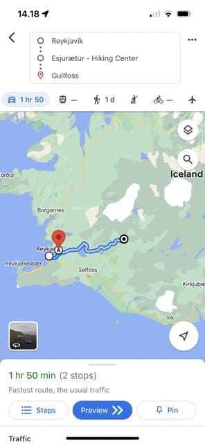 Snímka obrazovky zobrazujúca dokončenú trasu v Mapách Google pre iOS