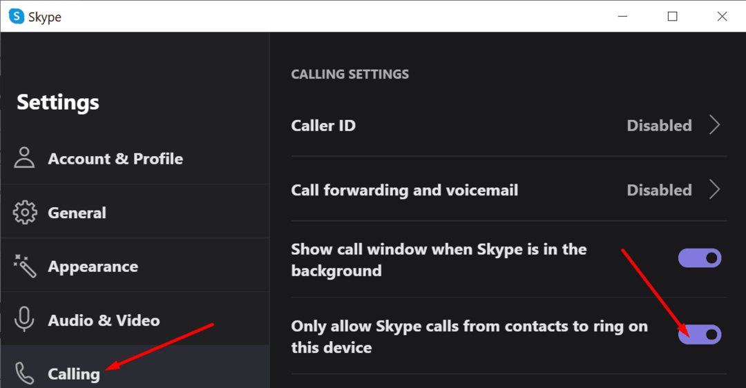 na tomto zariadení povoliť zvonenie iba skype hovorom od kontaktov