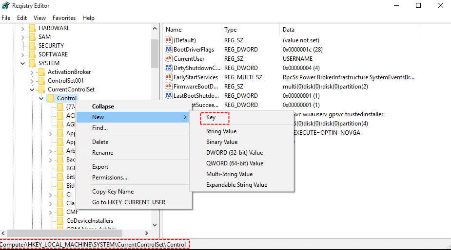 Napsauta hiiren kakkospainikkeella ohjauskansiota ja napsauta sitten uutta ja napsauta sitten avainta