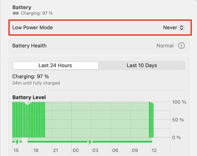 Capture d'écran montrant le menu déroulant pour le mode basse consommation sur macbook