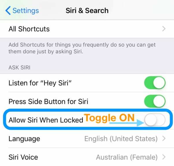 toggle Siri zulassen, wenn gesperrt