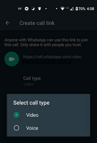 Rodzaj połączenia WhatsApp