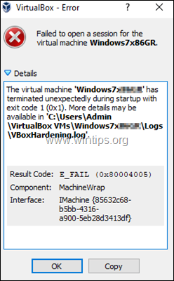 La macchina virtuale è terminata in modo imprevisto - VBoxHardening.log'