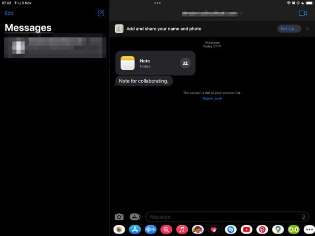 στιγμιότυπο οθόνης που δείχνει ένα μήνυμα που στάλθηκε στα Μηνύματα στο iPad