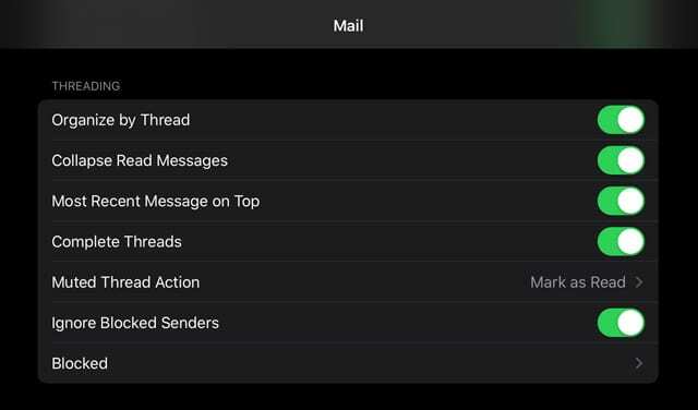 možnosť vlákna pre aplikáciu Mail pre iOS a IPadOS