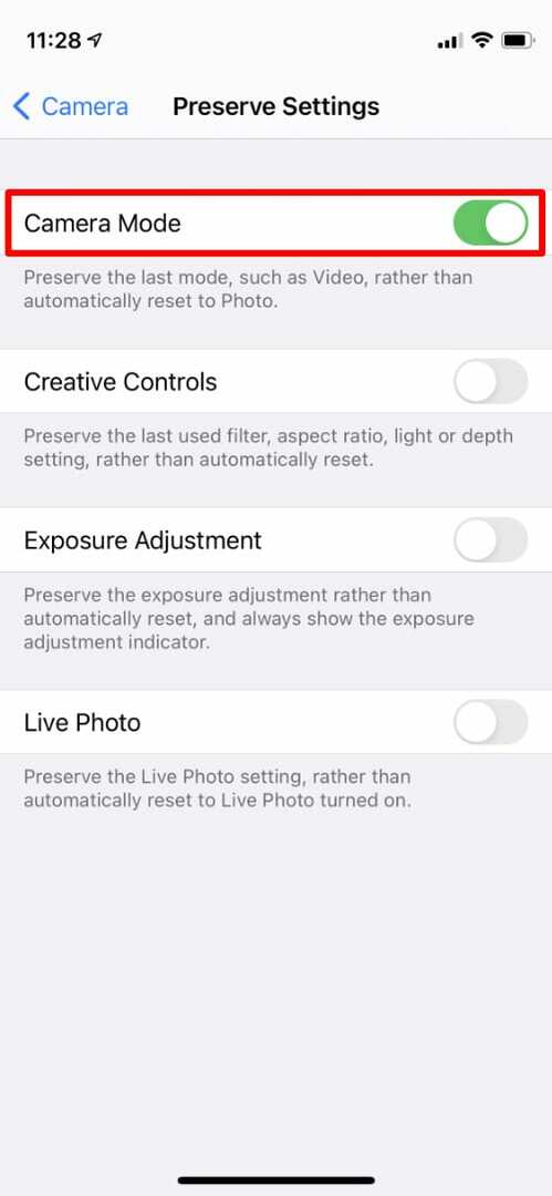 Možnost zachování nastavení režimu fotoaparátu iPhone