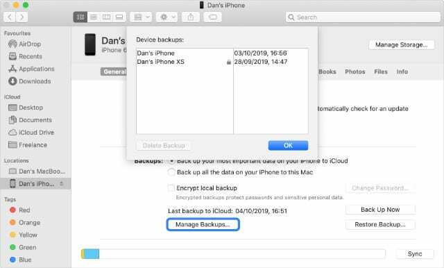 Schaltfläche " Backups verwalten" im Finder unter macOS Catalina