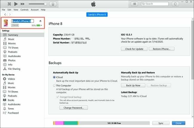 iTunes Spremeni ime iPhone-Windows
