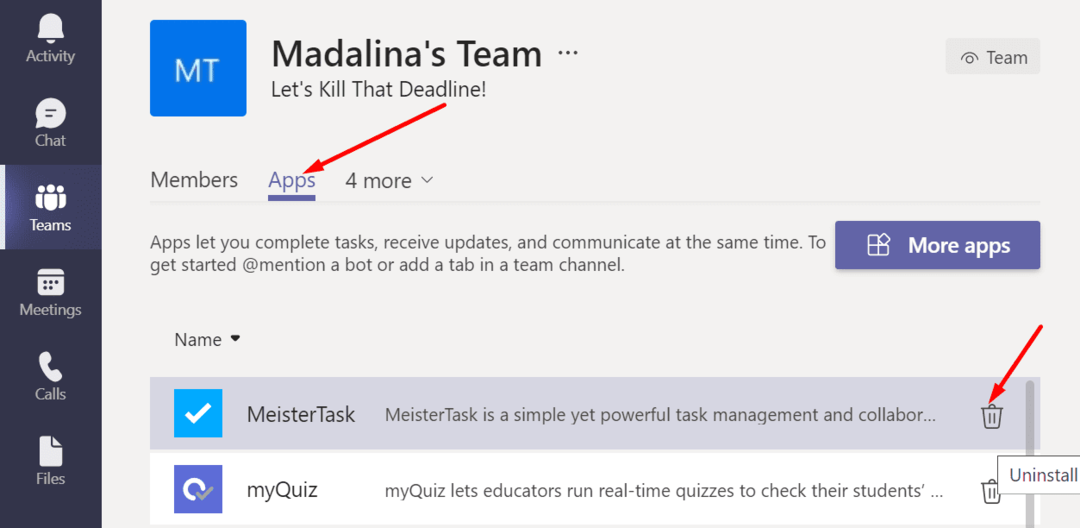 Pašalinkite programą iš „Microsoft Teams“.