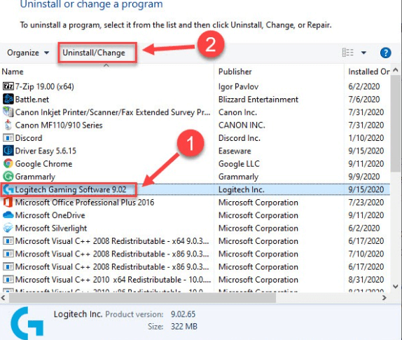 Logitech 게임 소프트웨어 제거 또는 변경