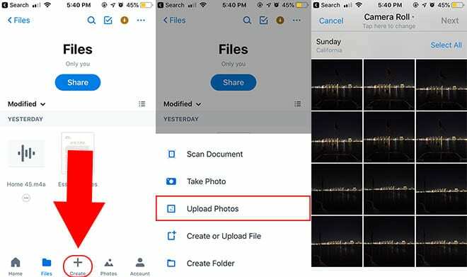 Dropbox fotoattēlu augšupielāde